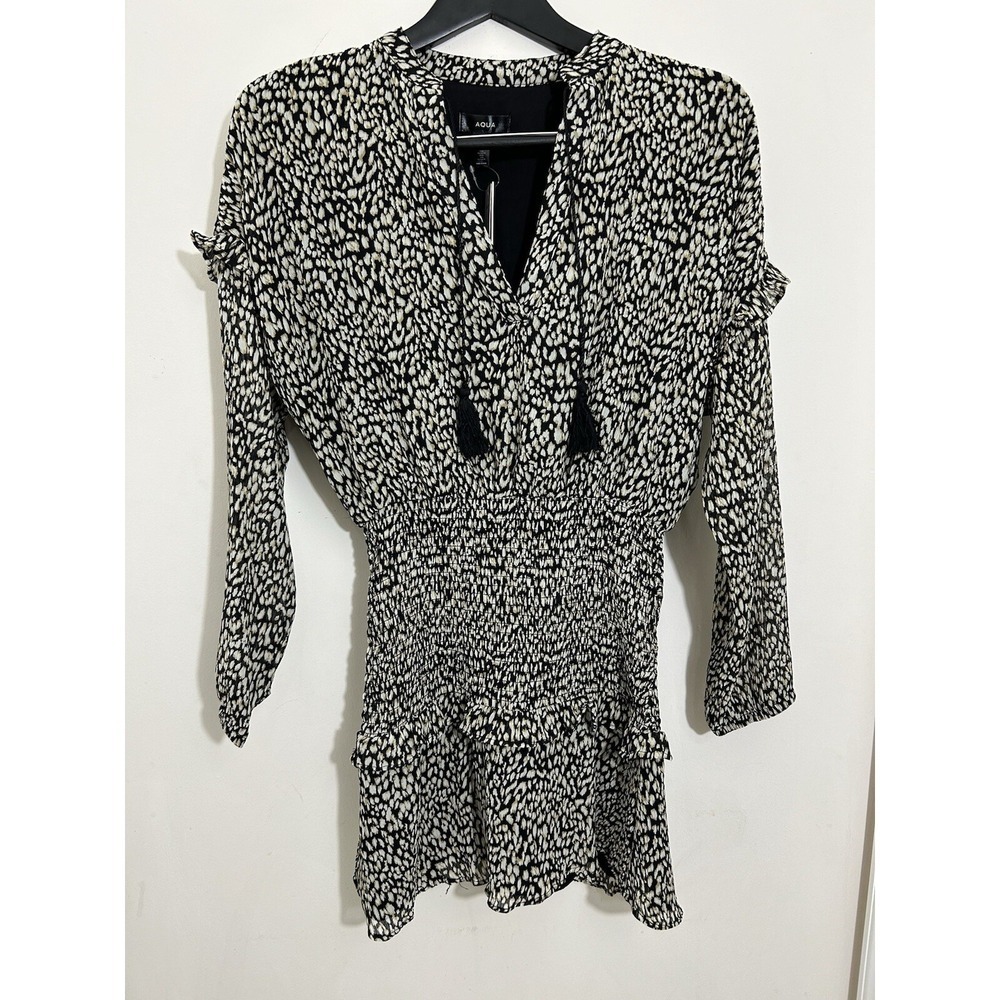 NWT Aqua Animal Print Smocked Mini Dress Chiffon Tasseled Party Chic Size XS - Picture 4 of 11